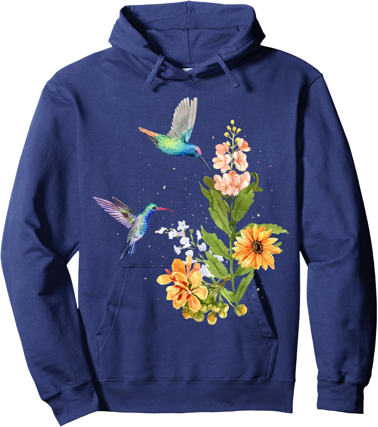 Hummingbird and Flower Watercolor Art Design Bird Hoodie - Hoodie | Navy