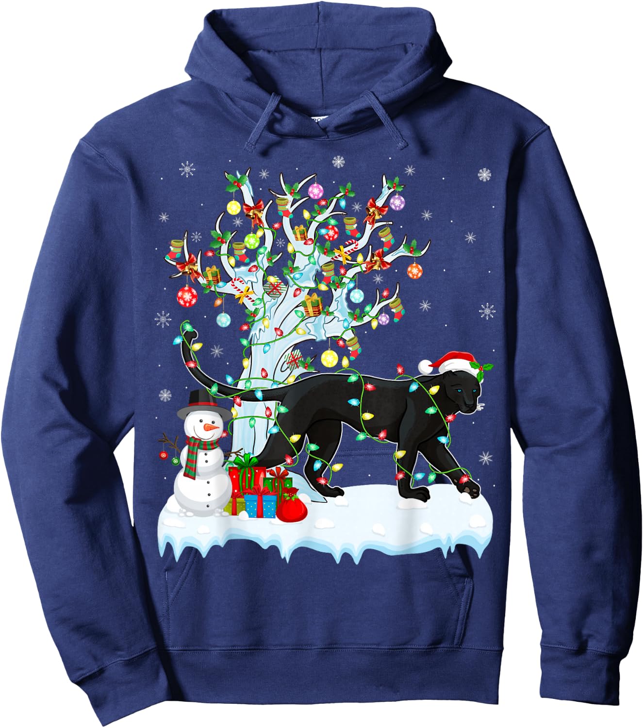 Panther Xmas Lighting Tree Santa Hat Panther Christmas Hoodie - Hoodie | Navy