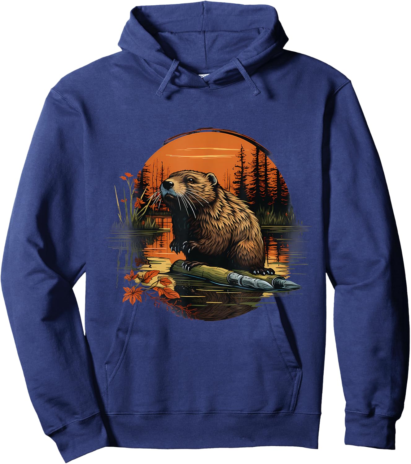Beaver Forest Landscape Artwork Animal Art Nature Wildlife Hoodie - Hoodie | Navy