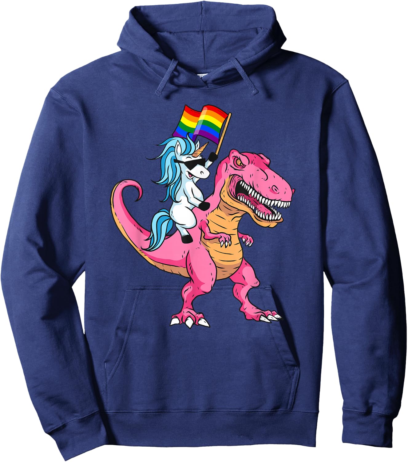 Unicorn Riding Dinosaur Pride Flag LGBTQ Lesbian Gay Pride Hoodie - Hoodie | Navy