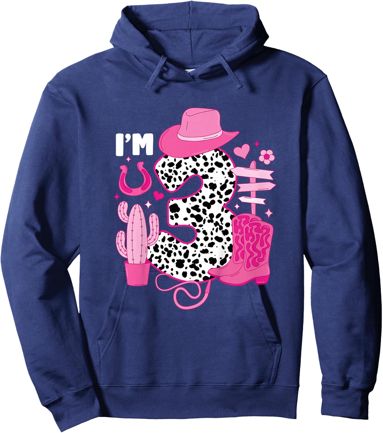 Kids 3rd Birthday Cowgirl Three Year Old Cow Girl Birthday Party Hoodie - Hoodie | Navy