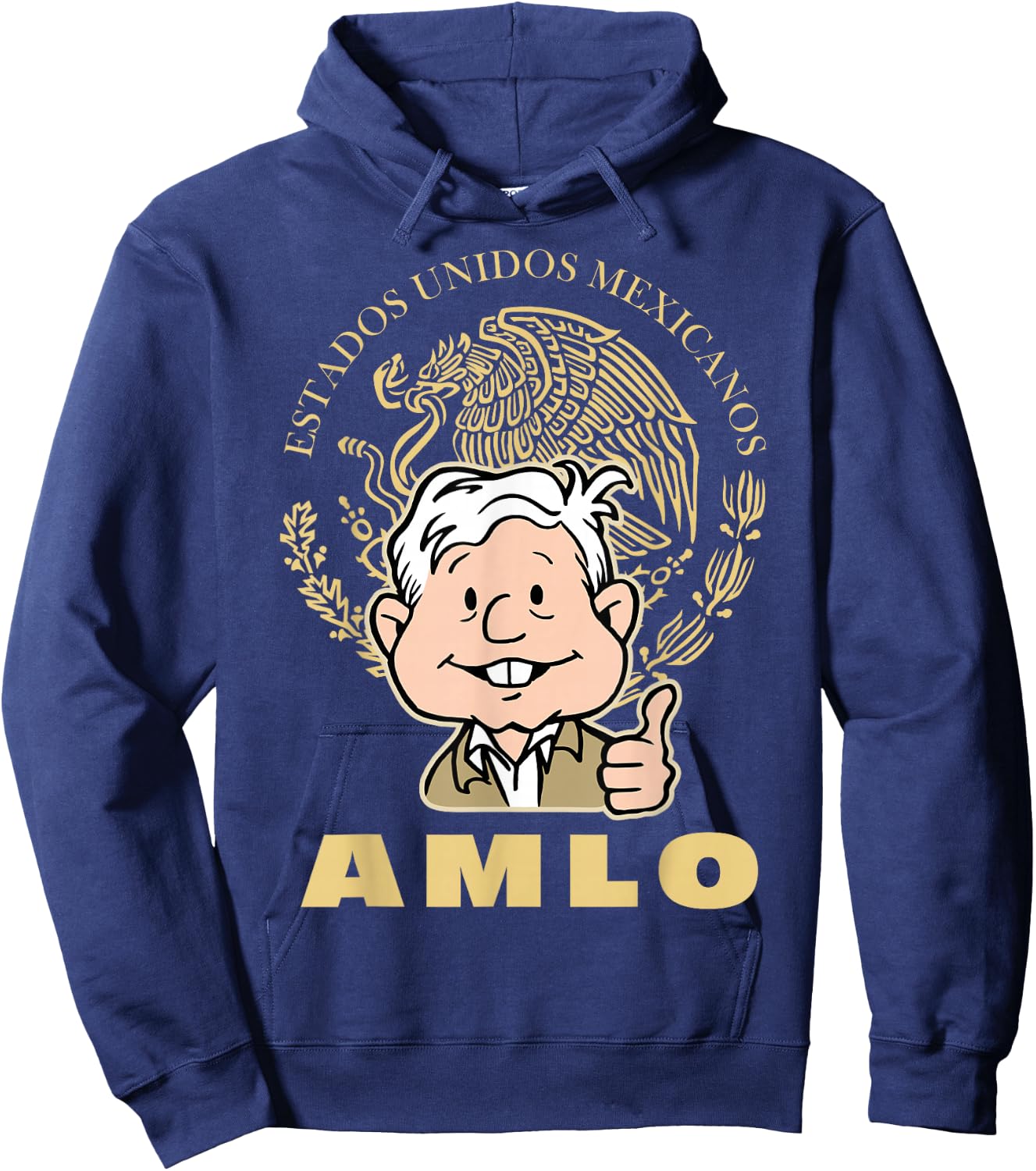 AMLO President With Mexican Escudo Nacional Amlito Cartoon Hoodie - Hoodie | Navy