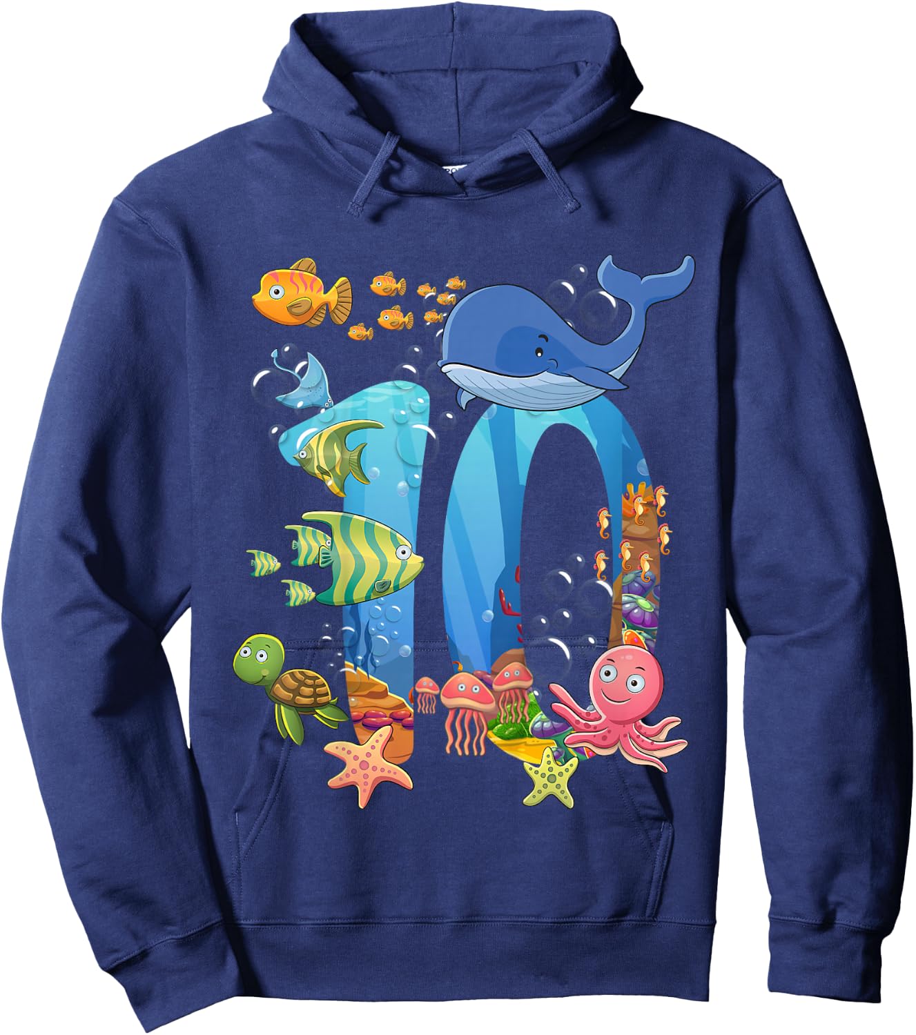 10 Years Old Sea Fish Ocean Animal 10th Birthday Boy Girl Hoodie - Hoodie | Navy