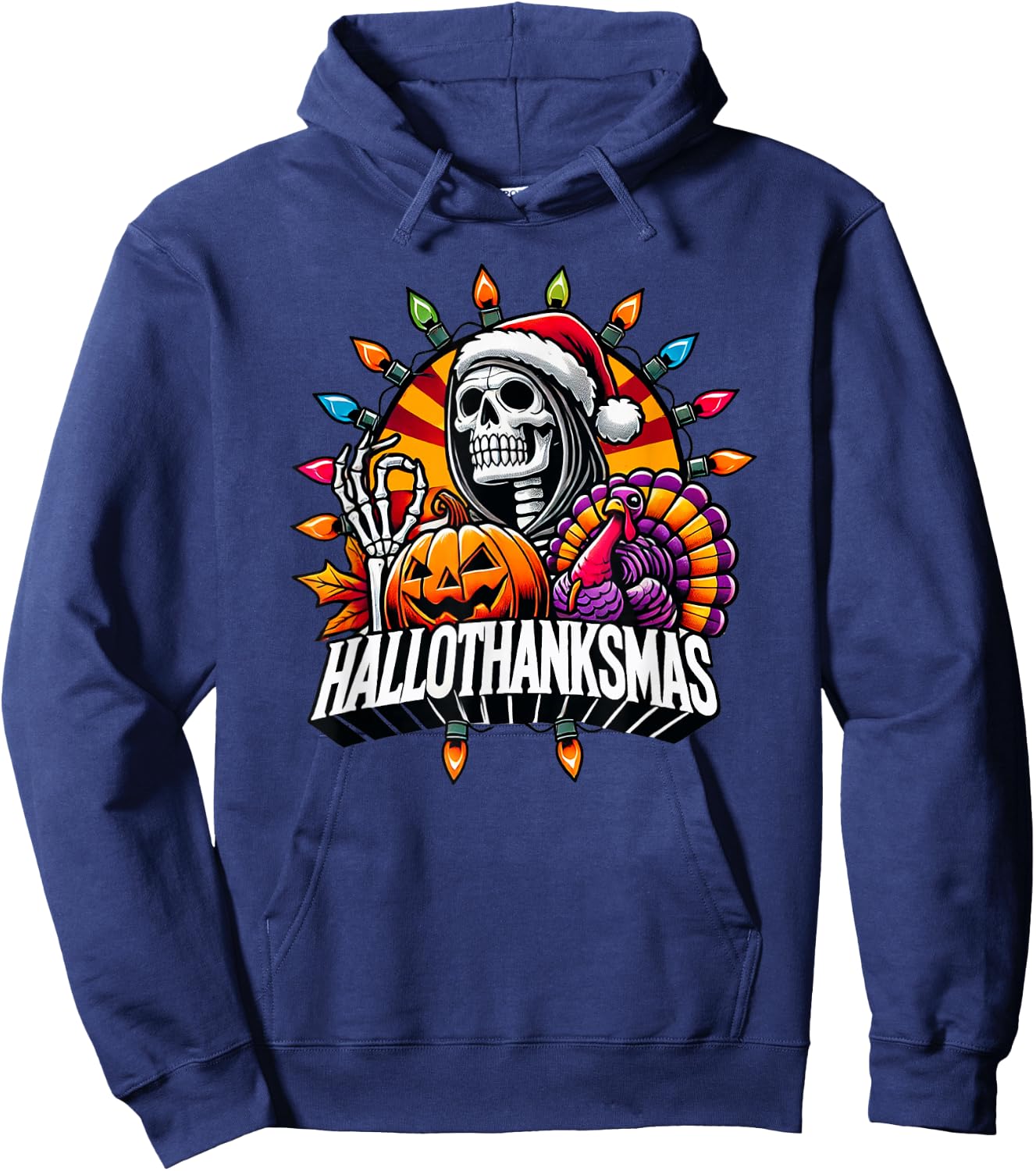 Happy HallowThanksMas Halloween Thanksgiving Christmas Fall Hoodie - Hoodie | Navy
