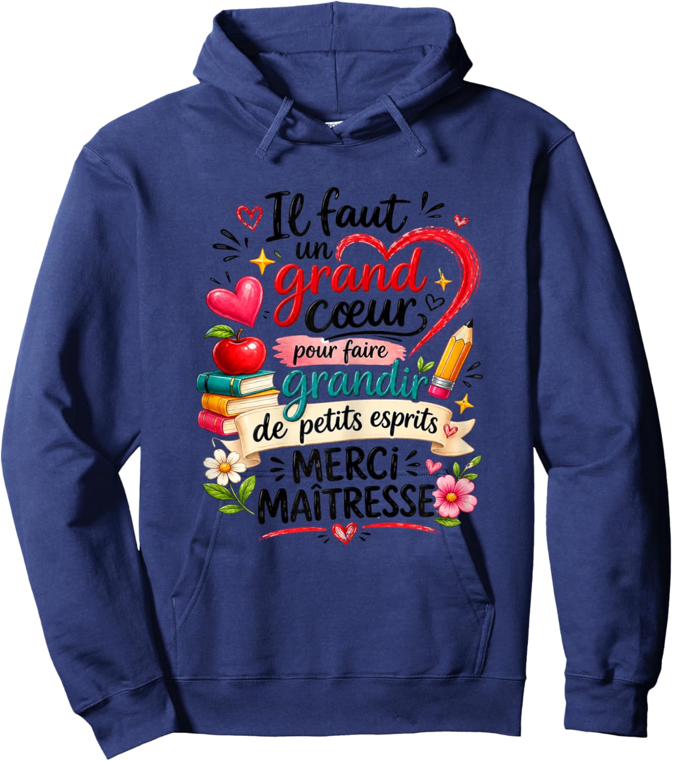 Cadeau Maîtresse d'École Fin d'Année Cœur Merci Original Hoodie - Hoodie | Navy