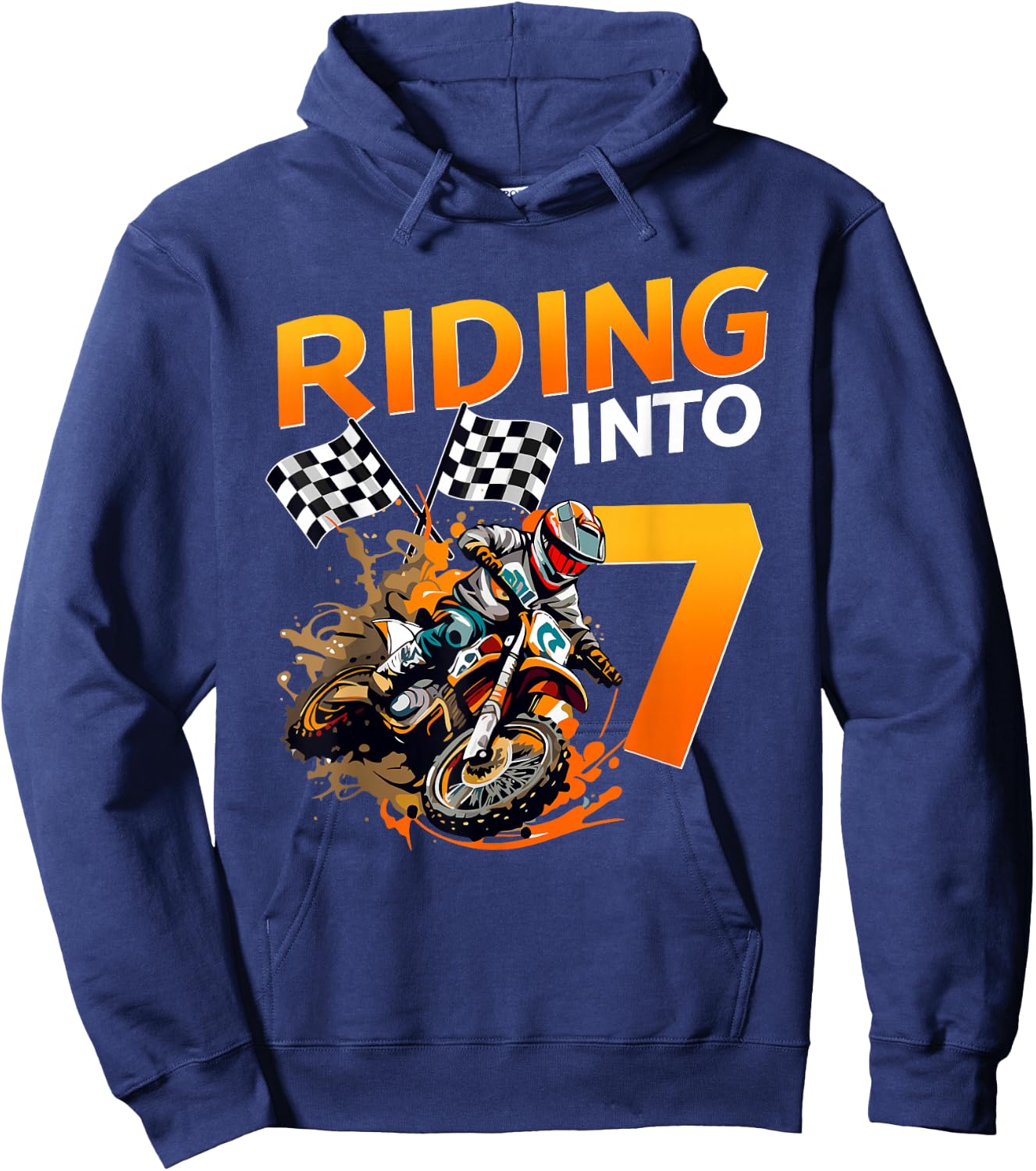 Riding Into 7 Years Old Birthday Dirt Bike Boy 7th Party Hoodie - Hoodie | Navy