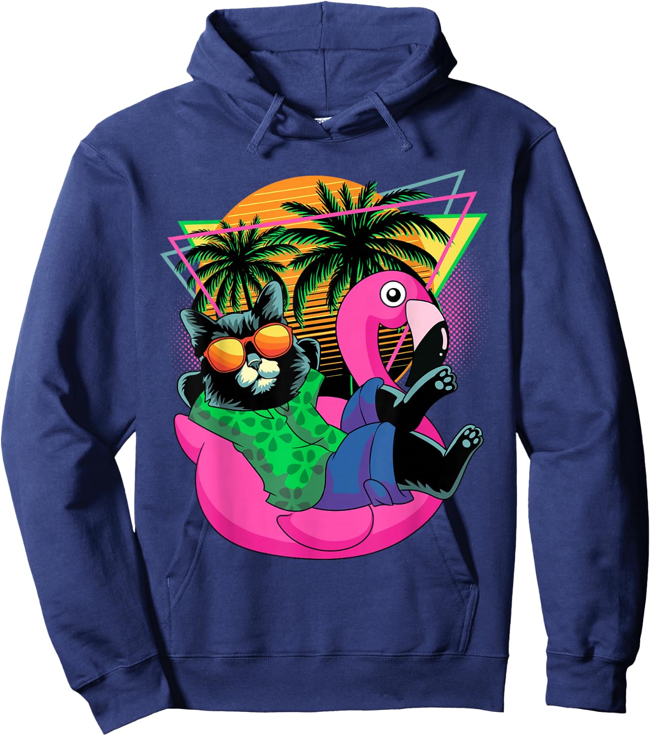Retro 80s 90s Flamingo Cat Gifts Men Kids Women Funny Cat Hoodie - Hoodie | Navy