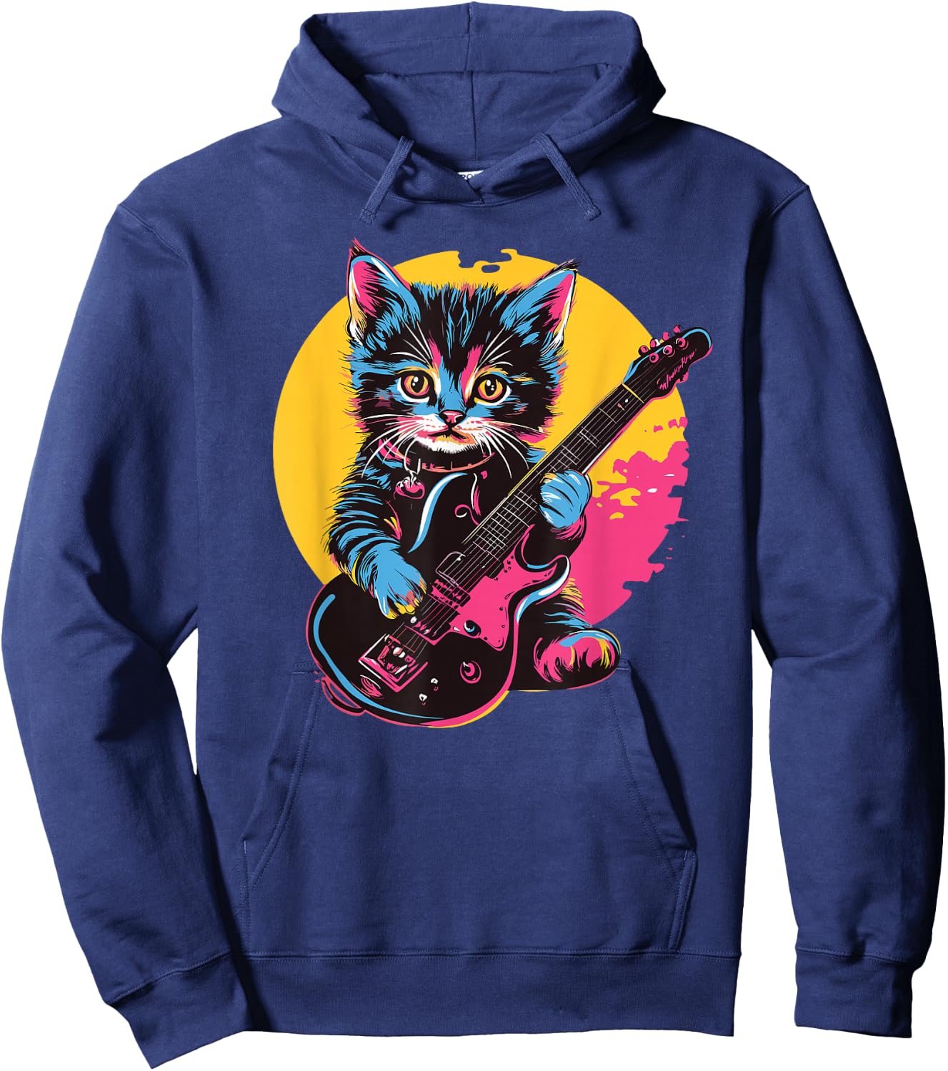 Cute Kitten Playing Guitar Rock Style , Black, S Hoodie - Hoodie | Navy