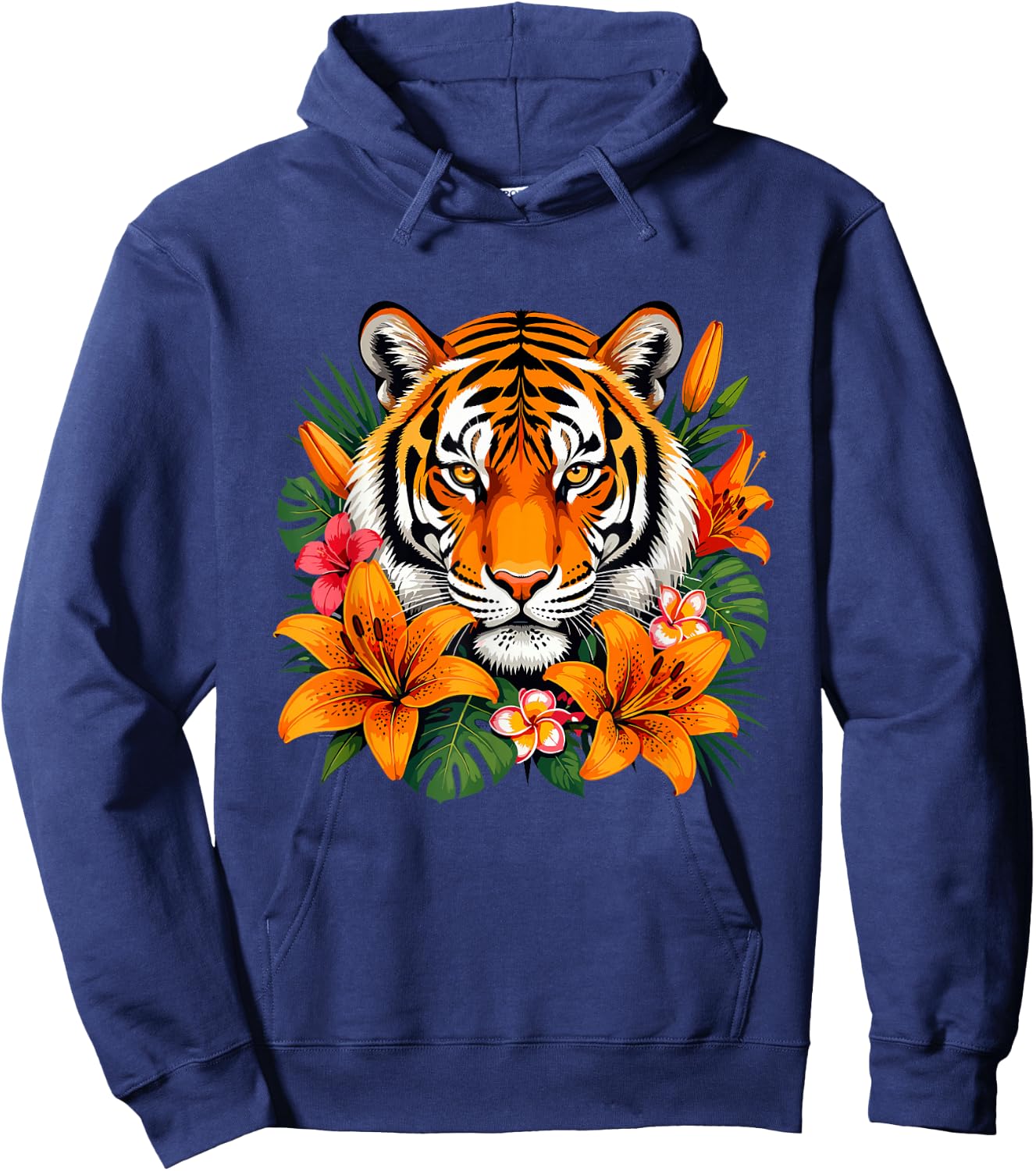 Tropical Tiger with Orange Lilies Jungle Flowers Hoodie - Hoodie | Navy
