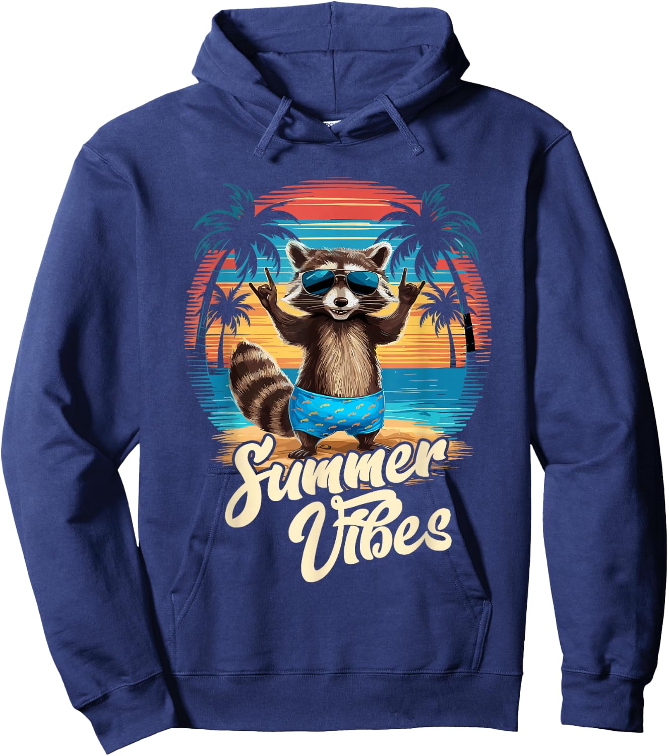 Beach Caribbean Party Hawaii Holiday Surfer Raccoon Summer , black Hoodie - Hoodie | Navy