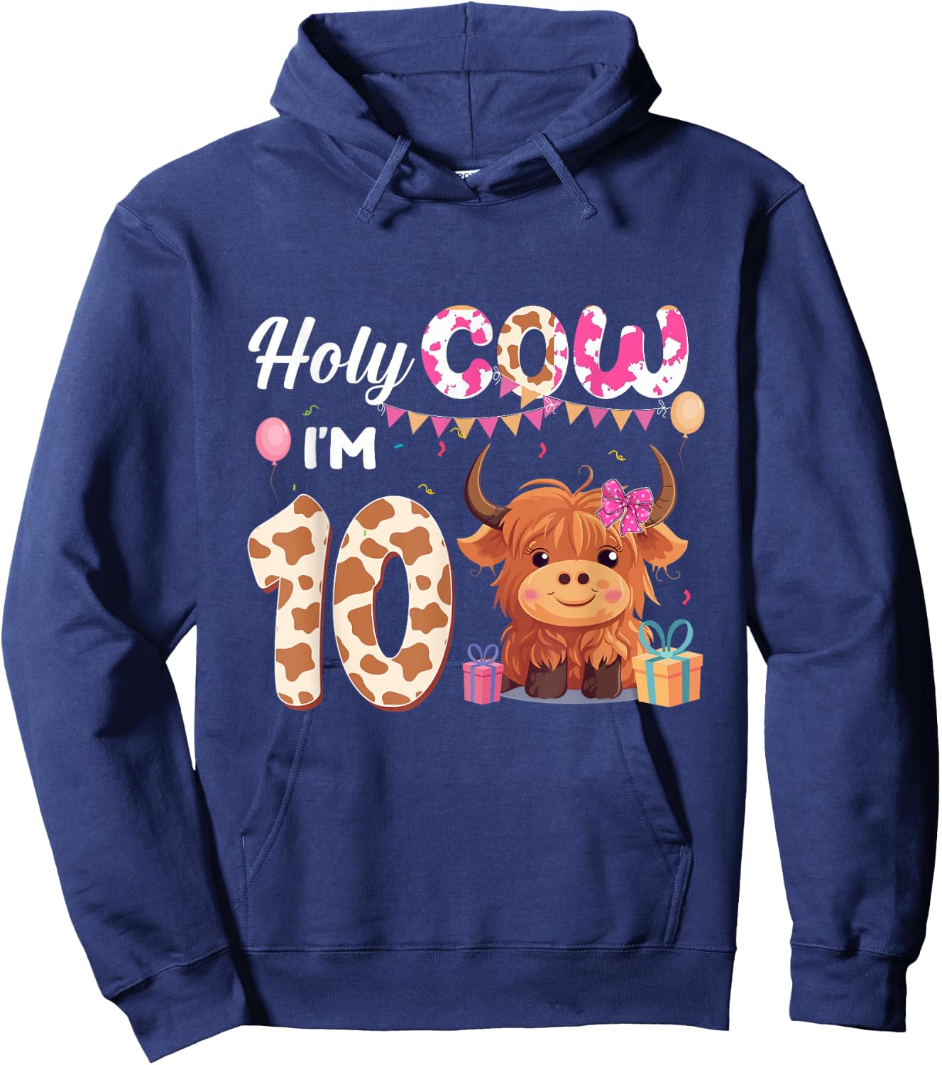 Holy Cow I'm 10 Year Old Birthday Highland Cow 10th Bday Kid Hoodie - Hoodie | Navy