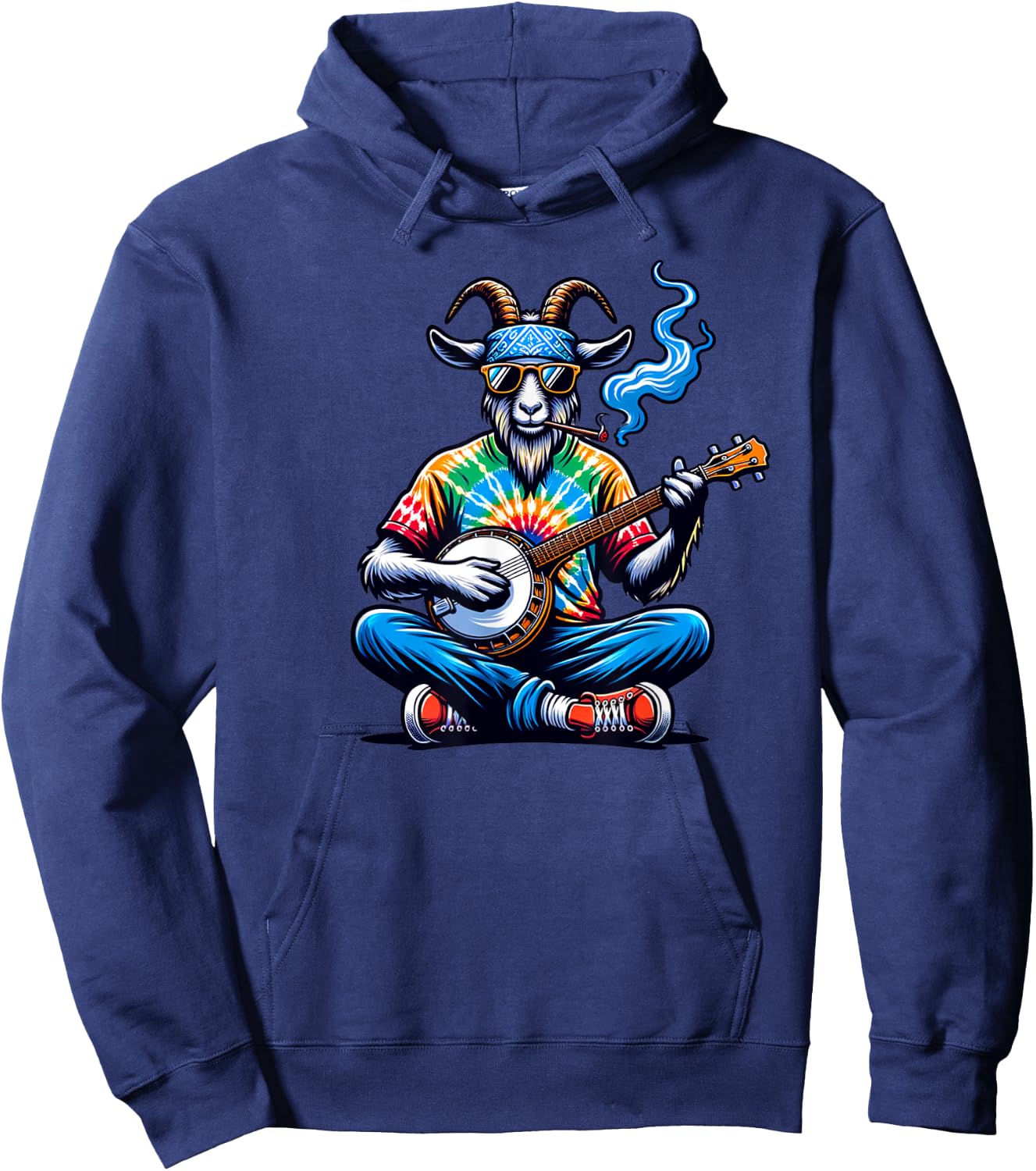 Goat Playing Bluegrass Music on a Banjo Wearing Tie Dye Hoodie - Hoodie | Navy