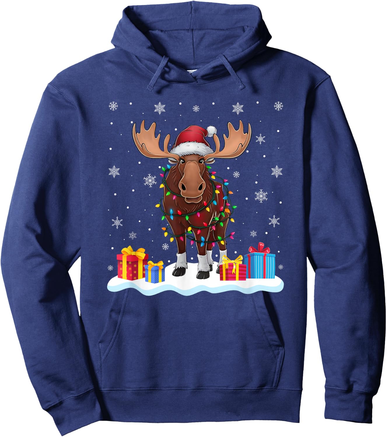 Moose Santa Hat Christmas Tree Light Xmas Pajama Hoodie - Hoodie | Navy