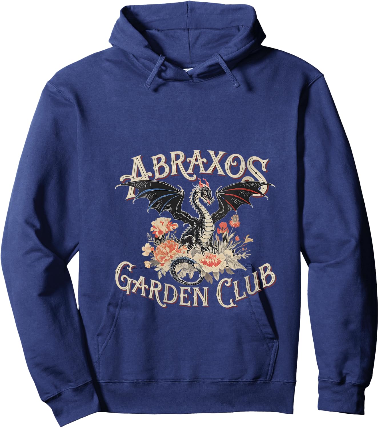 Abraxos Garden Club Dragon Vintage Fantasy Floral Design V-Neck Hoodie - Hoodie | Navy