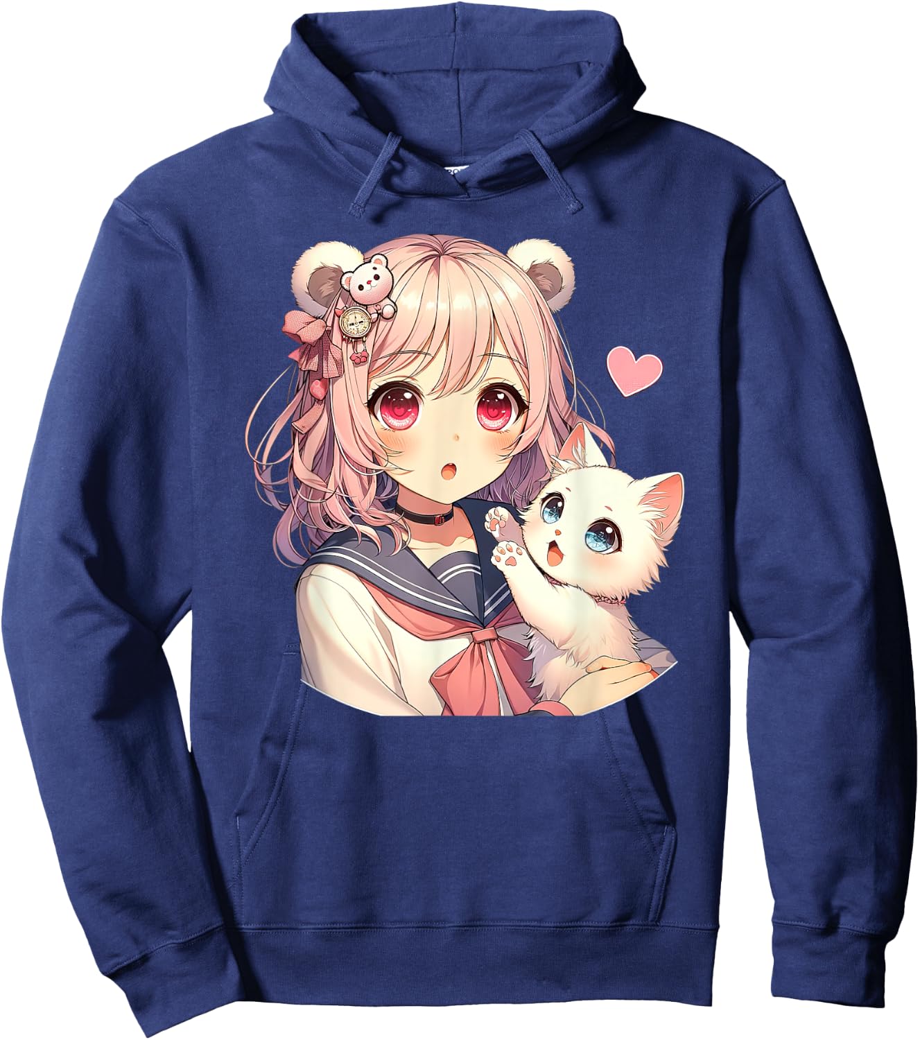 Anime Kawaii, girl with cute cat, adorable pink design, Otaku , Black, S Hoodie - Hoodie | Navy