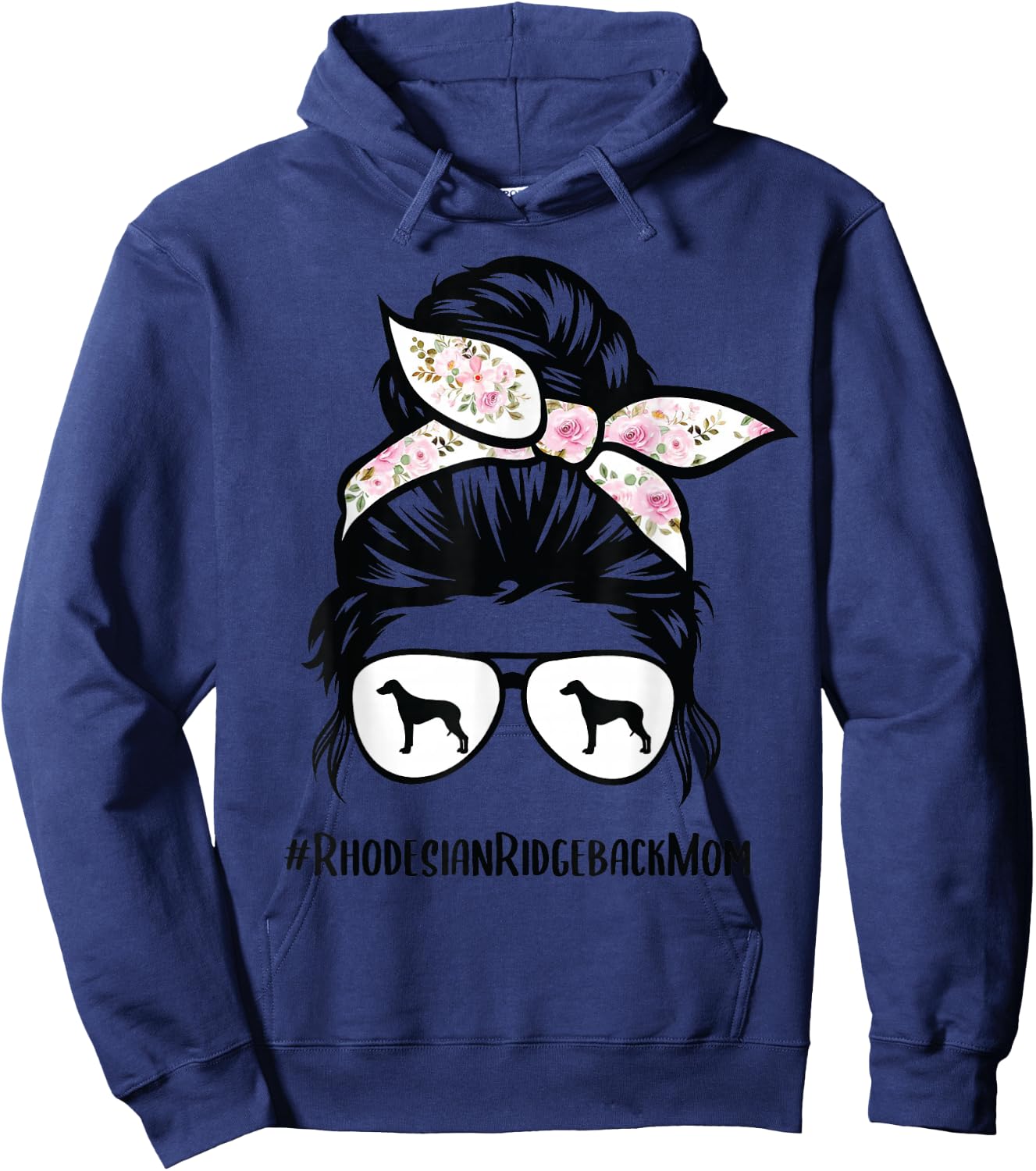 Rhodesian Ridgeback Mom Dog Messy Bun Hair Glasses , gray, s Hoodie - Hoodie | Navy