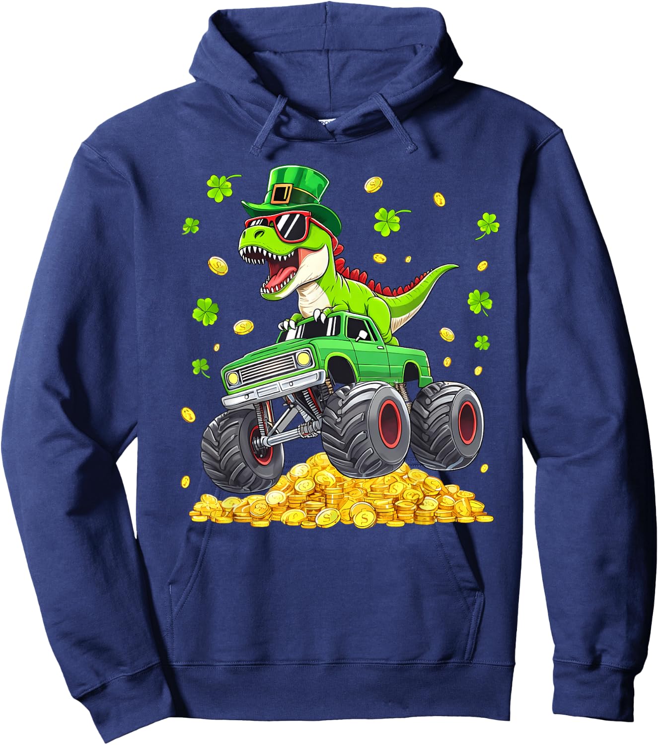 St Patricks Day Dinosaur T-rex Monster Truck Pattys Boy Men Hoodie - Hoodie | Navy