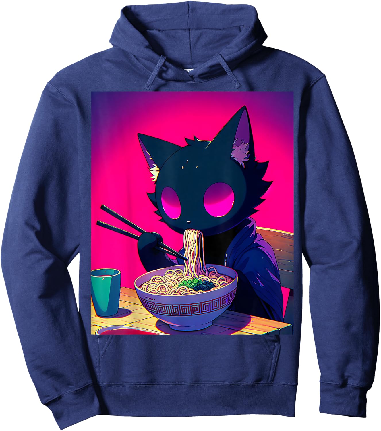Void Black Cat Eating Ramen Anime Cat Gifts Men Women Kids Hoodie - Hoodie | Navy