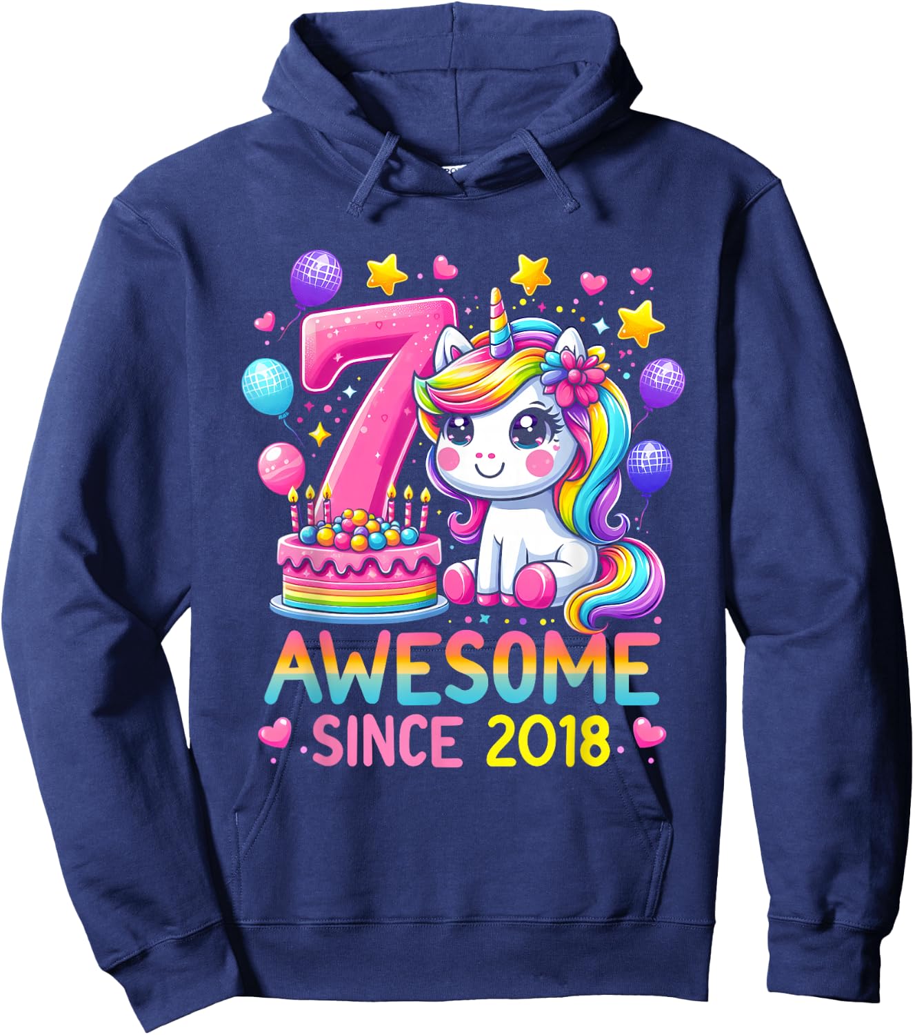 Unicorn 7th Birthday 7 Year Old Party Awesome Since 2018 Hoodie - Hoodie | Navy