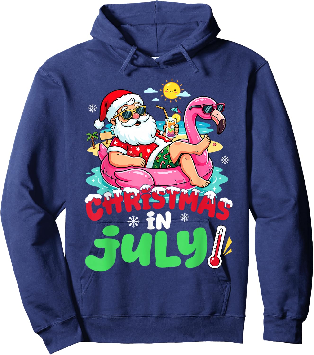 Santa Flamingo Floatie Summer Christmas in July Men Women Hoodie - Hoodie | Navy