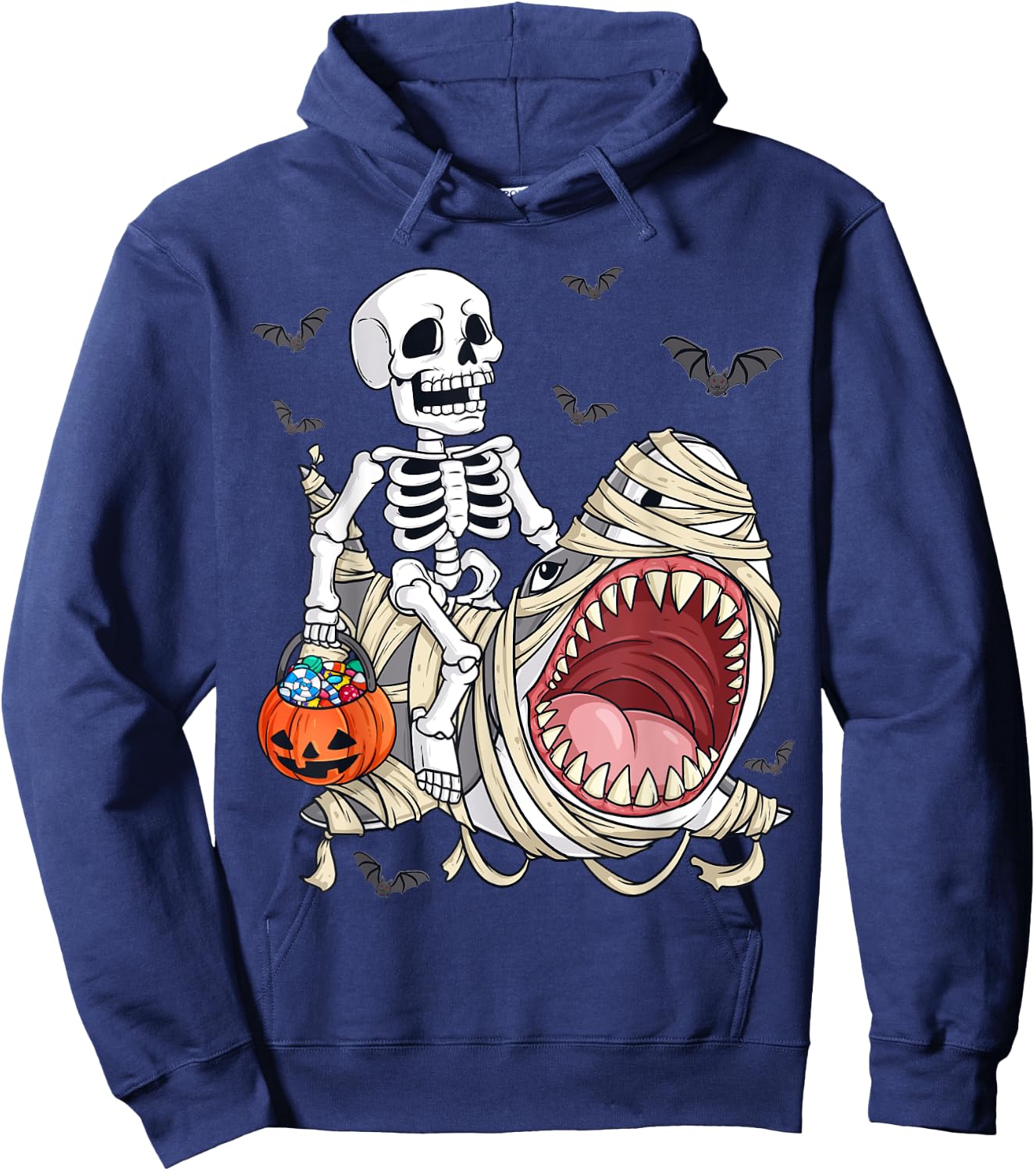 Skeleton Riding Mummy Shark Funny Halloween Pumpkin Kids Hoodie - Hoodie | Navy