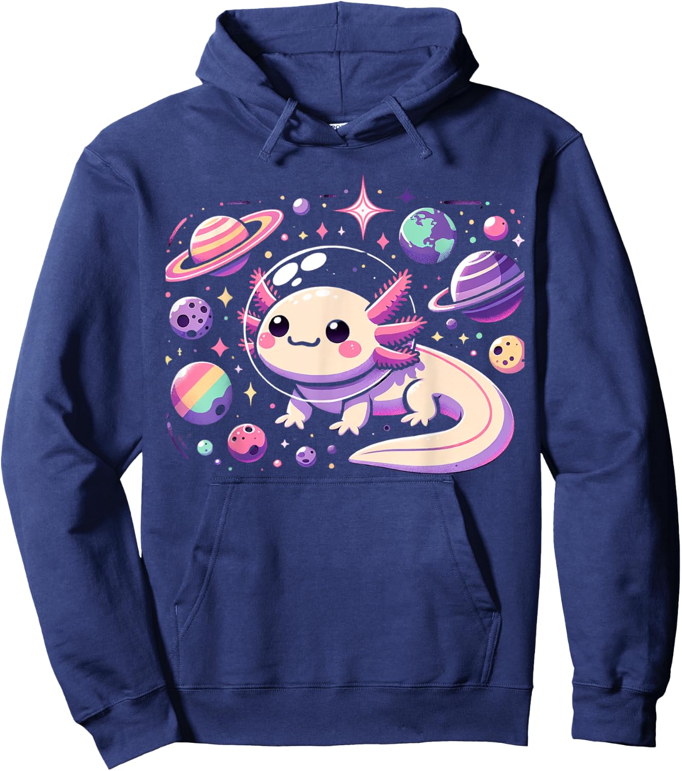 Kawaii Axolotl in Space with Planets Stars Anime Aesthetic Hoodie - Hoodie | Navy