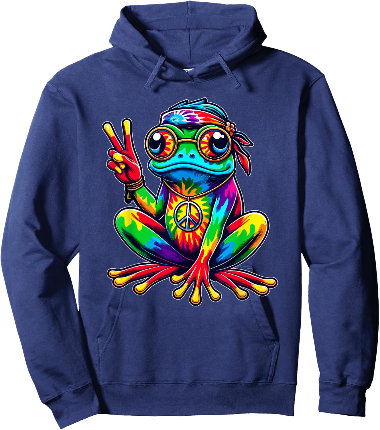 Hippie Tie-Dye Frog, 60s Party & 70s Costume, Peace Sign Hoodie - Hoodie | Navy