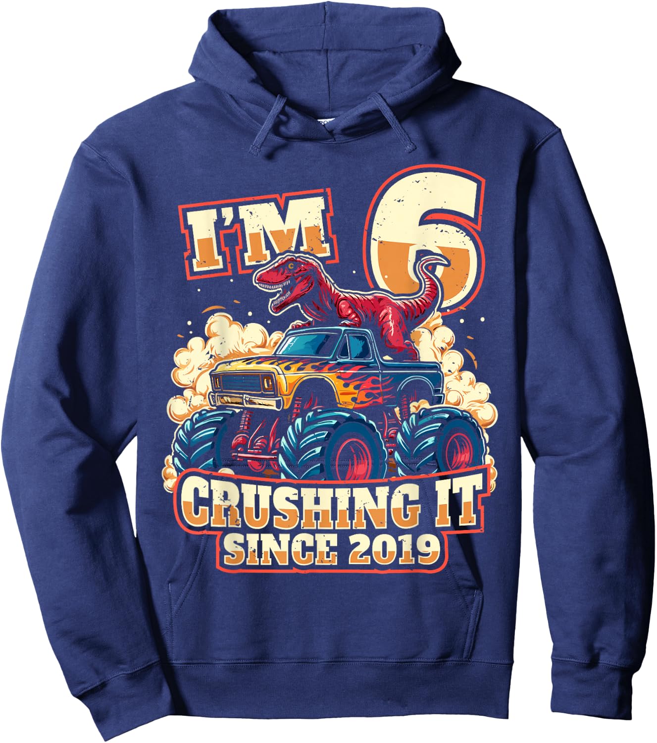 6 Year Old Boys 6th Birthday Dinosaur Monster Truck Party Hoodie - Hoodie | Navy