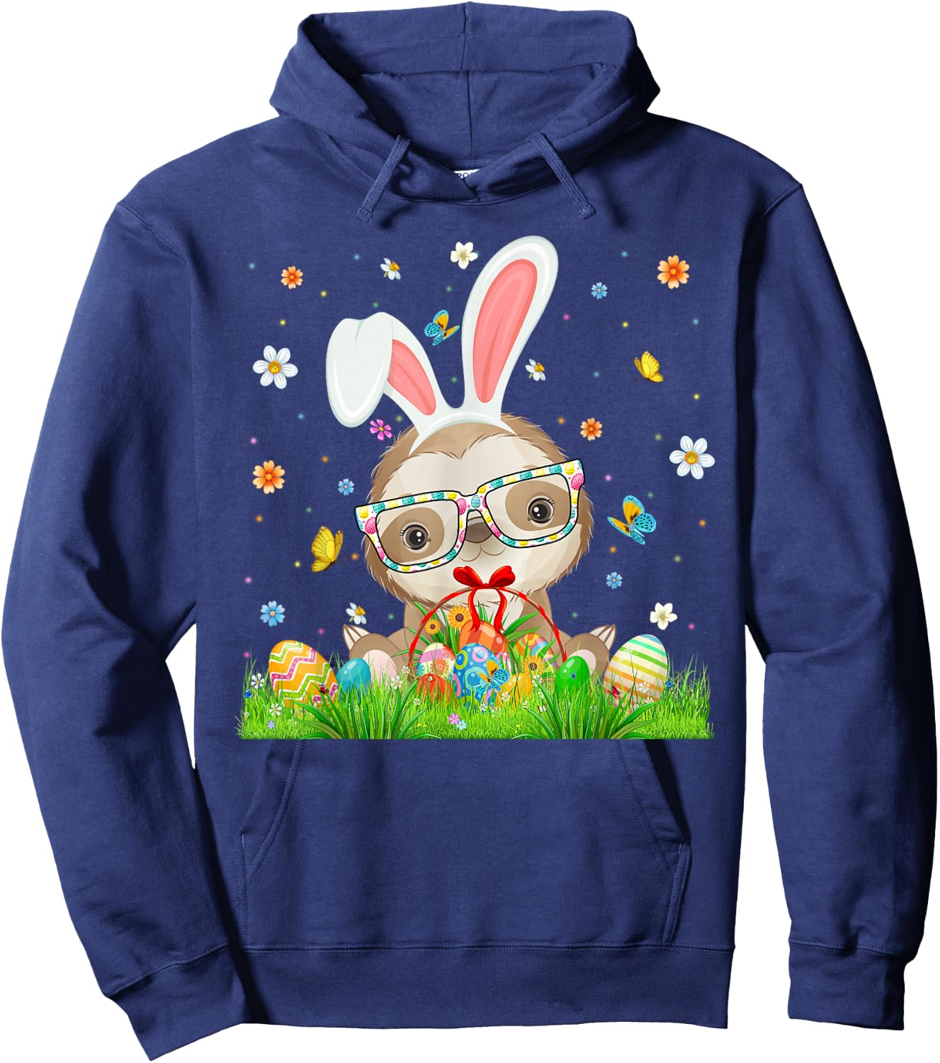 Cute Bunny Sloth & Easter Egg Basket Happy Easter Day Kids Hoodie - Hoodie | Navy
