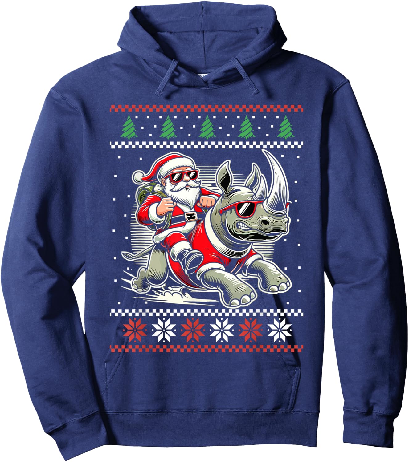 Santa Riding Rhinoceros Ugly Christmas Sweater Rhino Xmas Hoodie - Hoodie | Navy