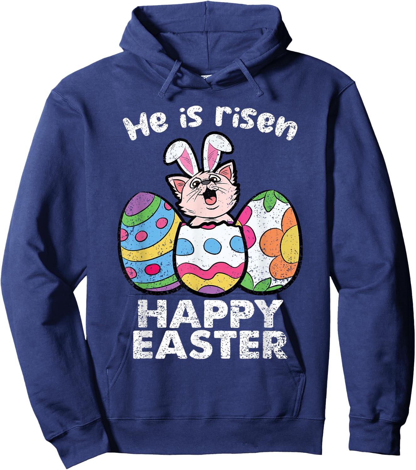 Happy Easter Cat Lover He Is Risen Egg Hunting Kitten Kitty Men Women Girls Kids Hoodie - Hoodie | Navy