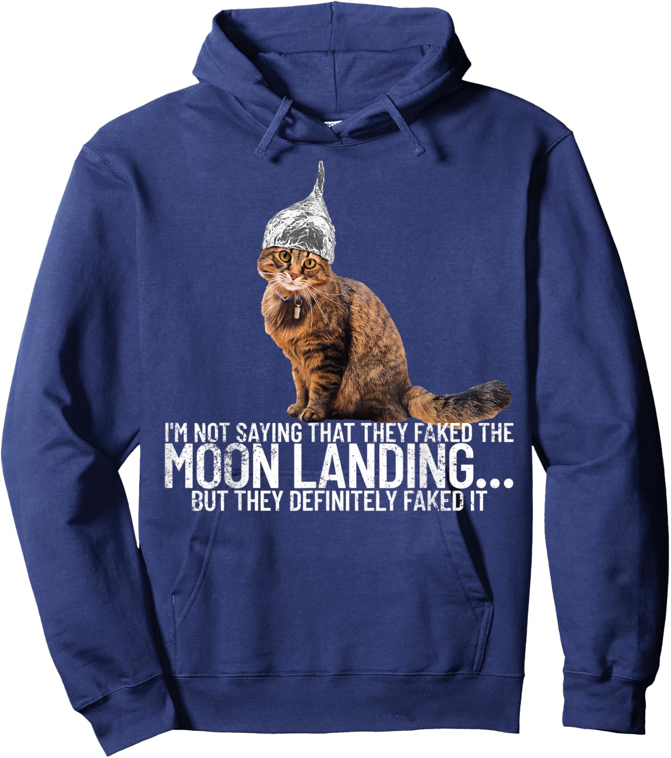 Conspiracy Cat Moon Landing Conspiracy Theory Tin Foil Hat Men Women Hoodie - Hoodie | Navy