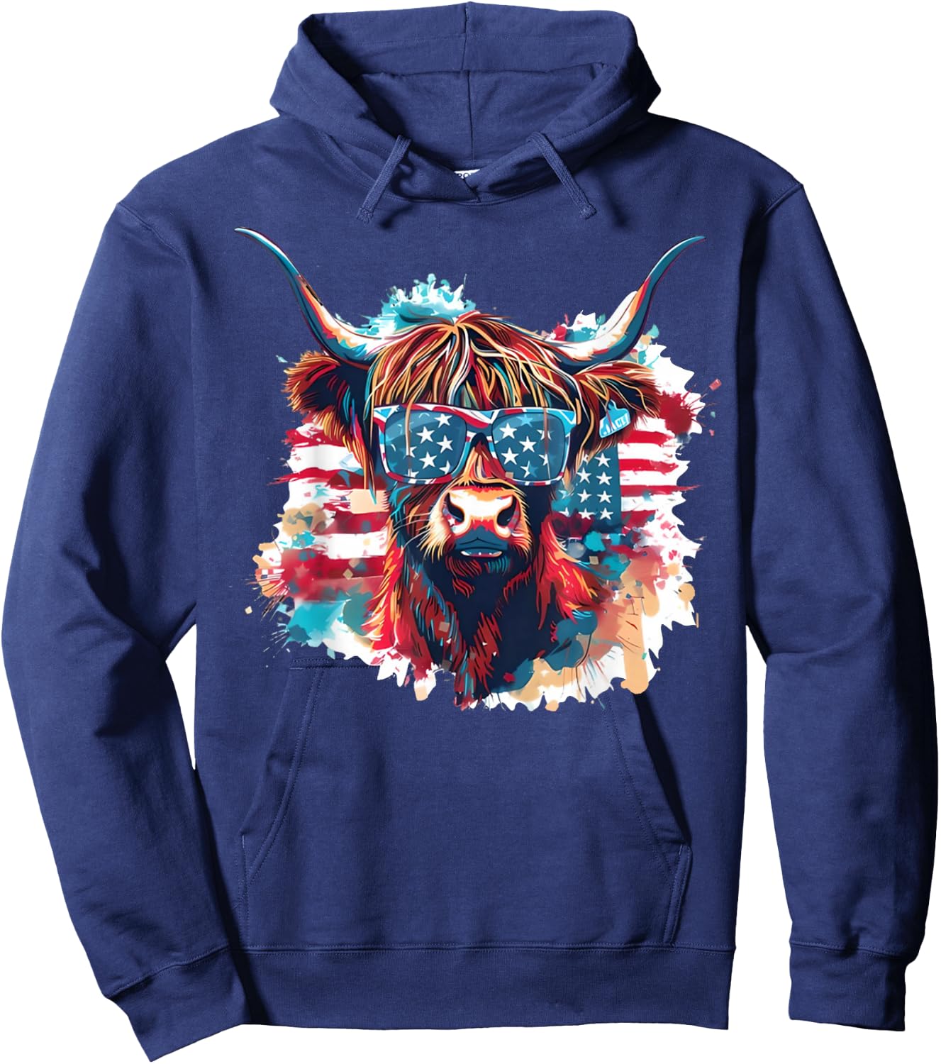 4th of July Highland Cow American Flag Funny Cows Lover Farm Hoodie - Hoodie | Navy