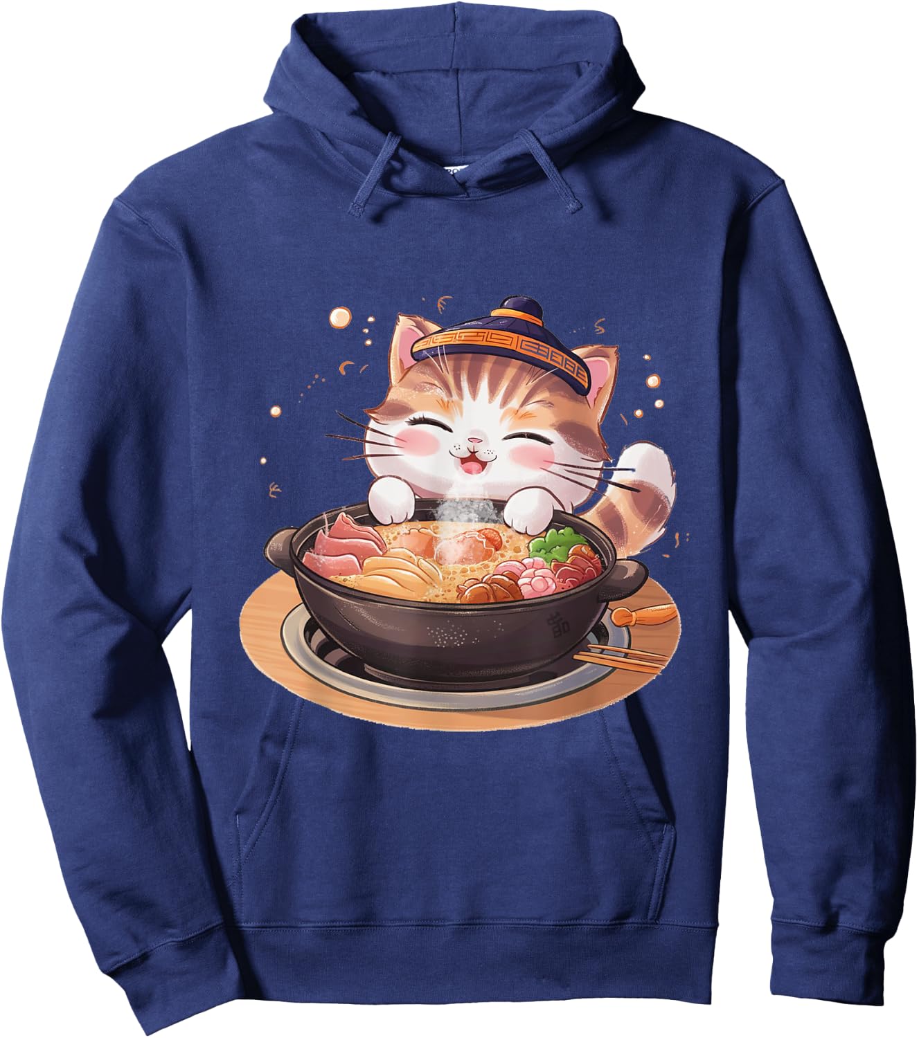 Kawaii Anime Cat Hot Pot Bowl Cute Feline Eats Chinese Food Men Women Kids Hoodie - Hoodie | Navy