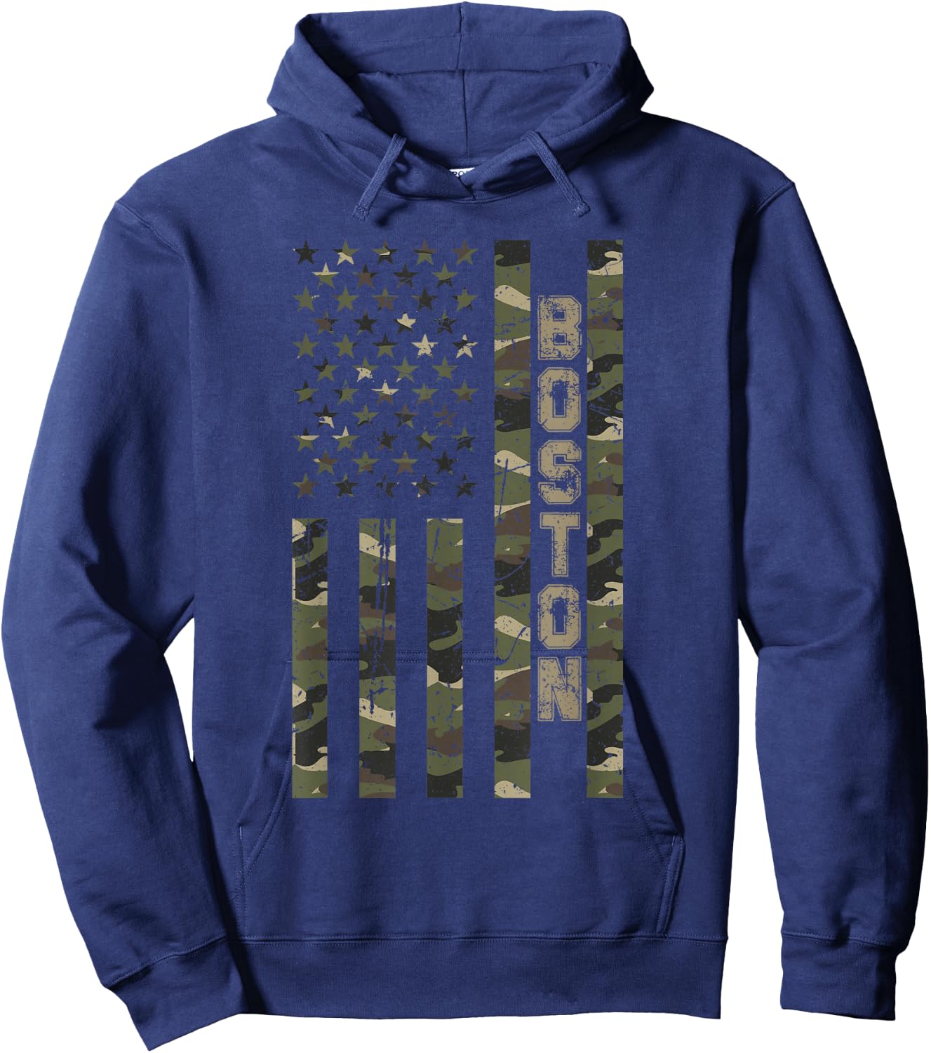 Boston United States Distressed Camo w US Flag Hoodie - Hoodie | Navy