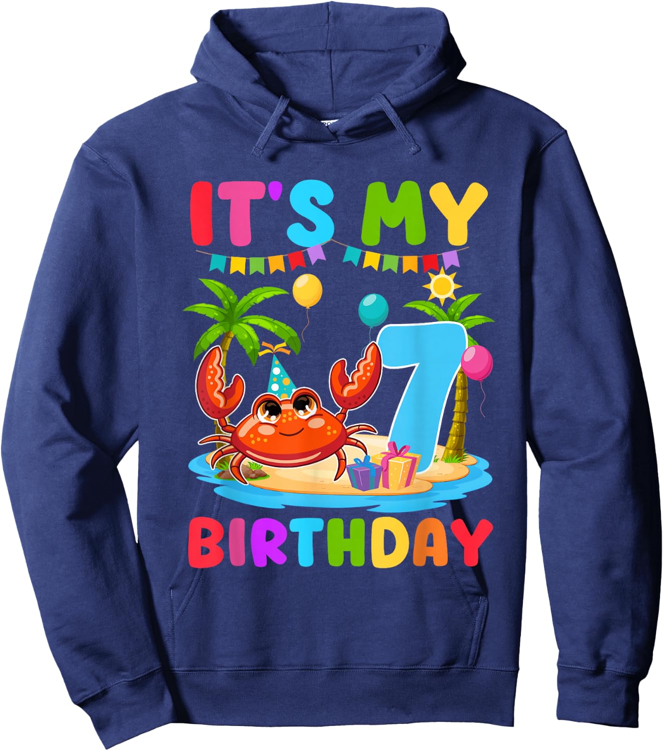 7th Birthday Crab Themed Summer Beach Party 7 Year Old Hoodie - Hoodie | Navy