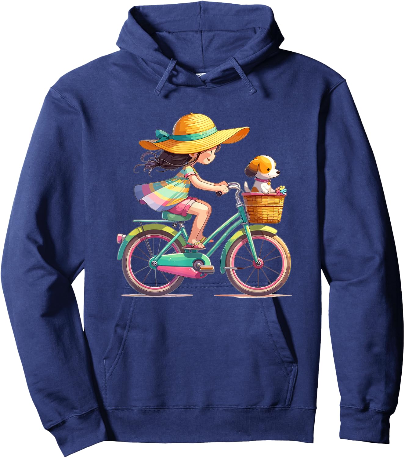 Girl on Bicycle with Little Dog in Bicycle Basket , black Hoodie - Hoodie | Navy