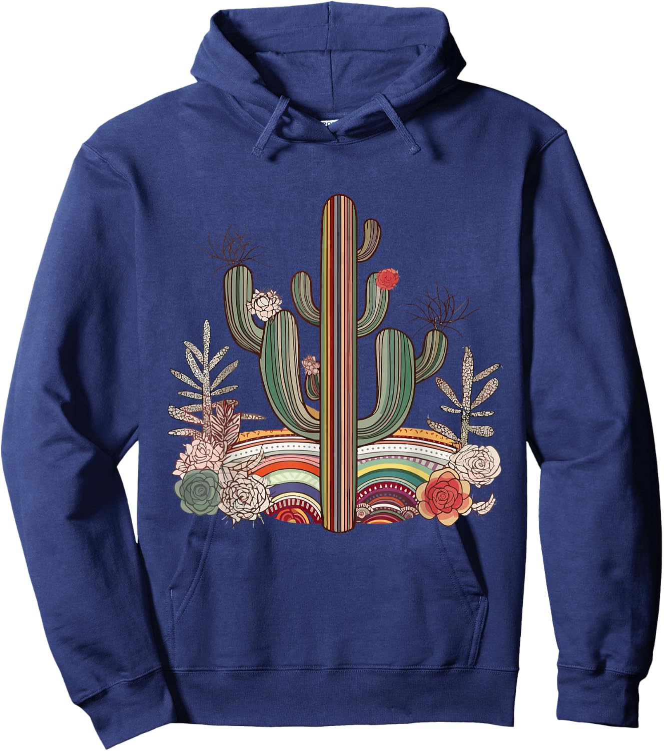 Serape Cactus Print Turquoise Western Saguaro Cactus Hoodie - Hoodie | Navy