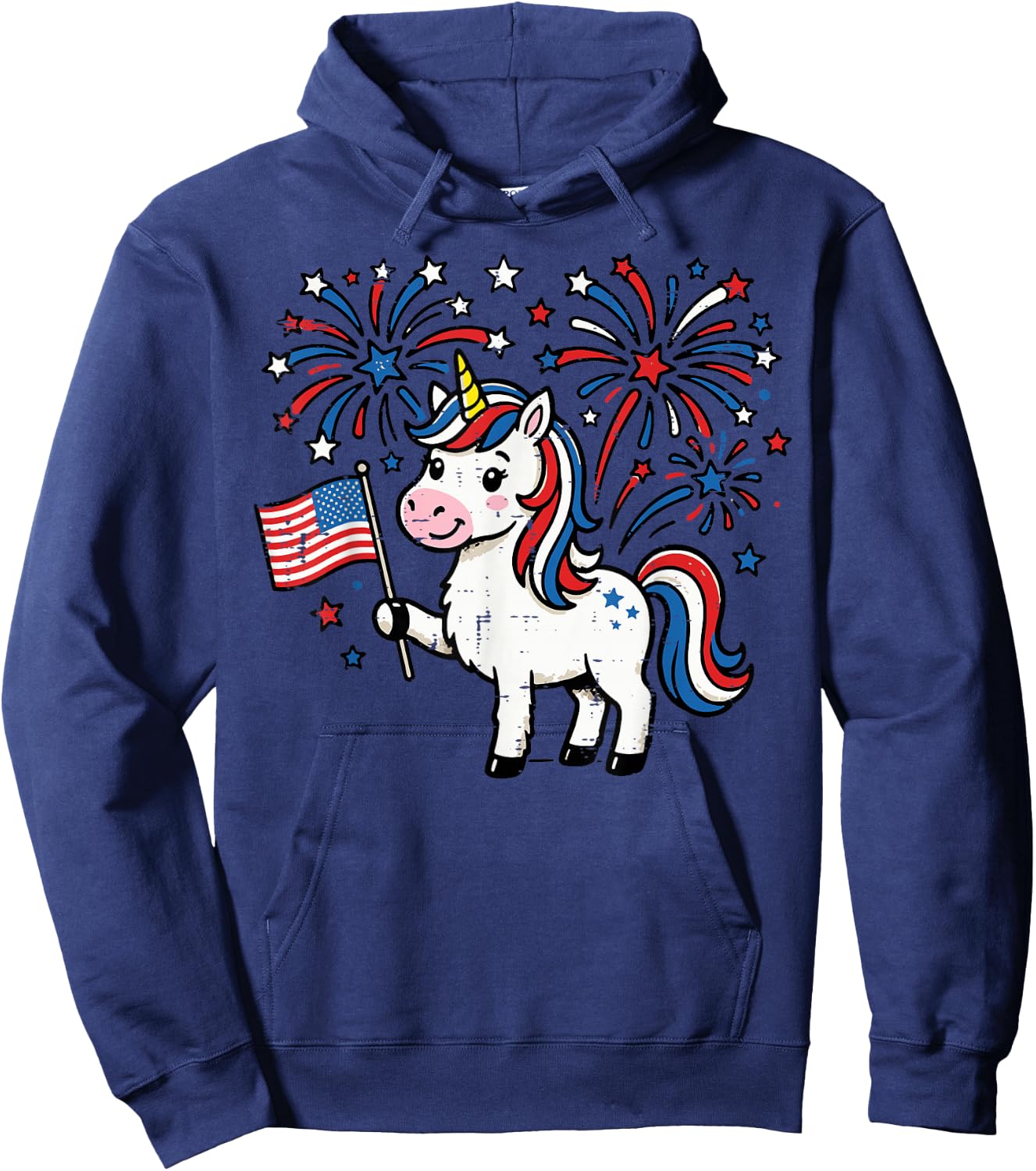 Patriotic Unicorn US Flag Fireworks 4th of July Girl Kids Hoodie - Hoodie | Navy