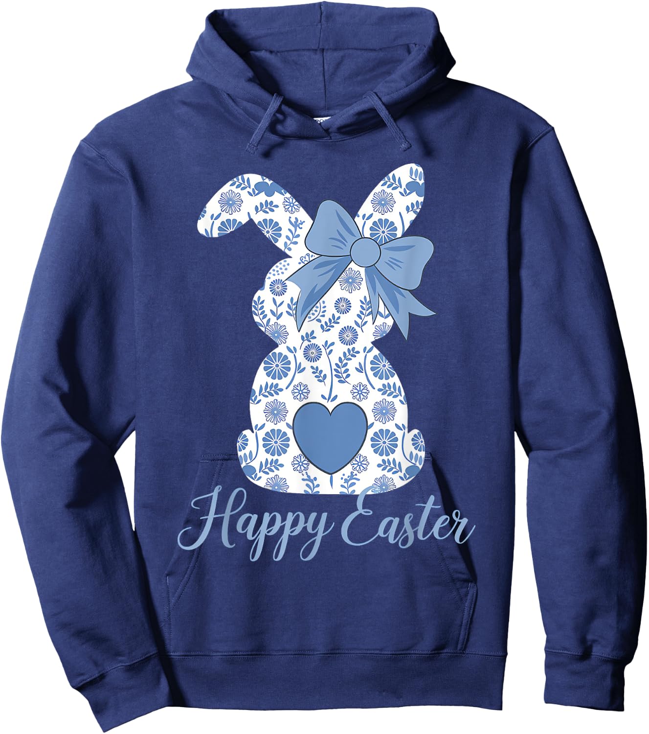 Easter Chinoiserie Floral Bunny With Cute Blue Bow Coquette Hoodie - Hoodie | Navy