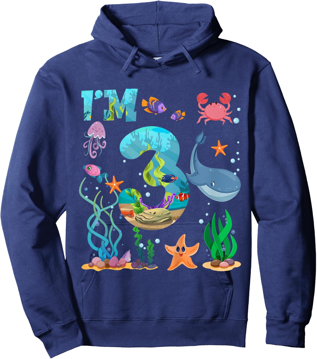 Kids 3 Year Old Boy Girl Sea Animals I'm Three 3rd Birthday Kids Hoodie - Hoodie | Navy