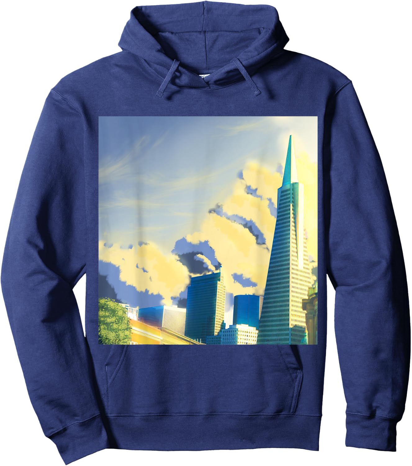 SF Transamerica Pyramid Scenery - Relaxing Anime Sunset Hoodie - Hoodie | Navy