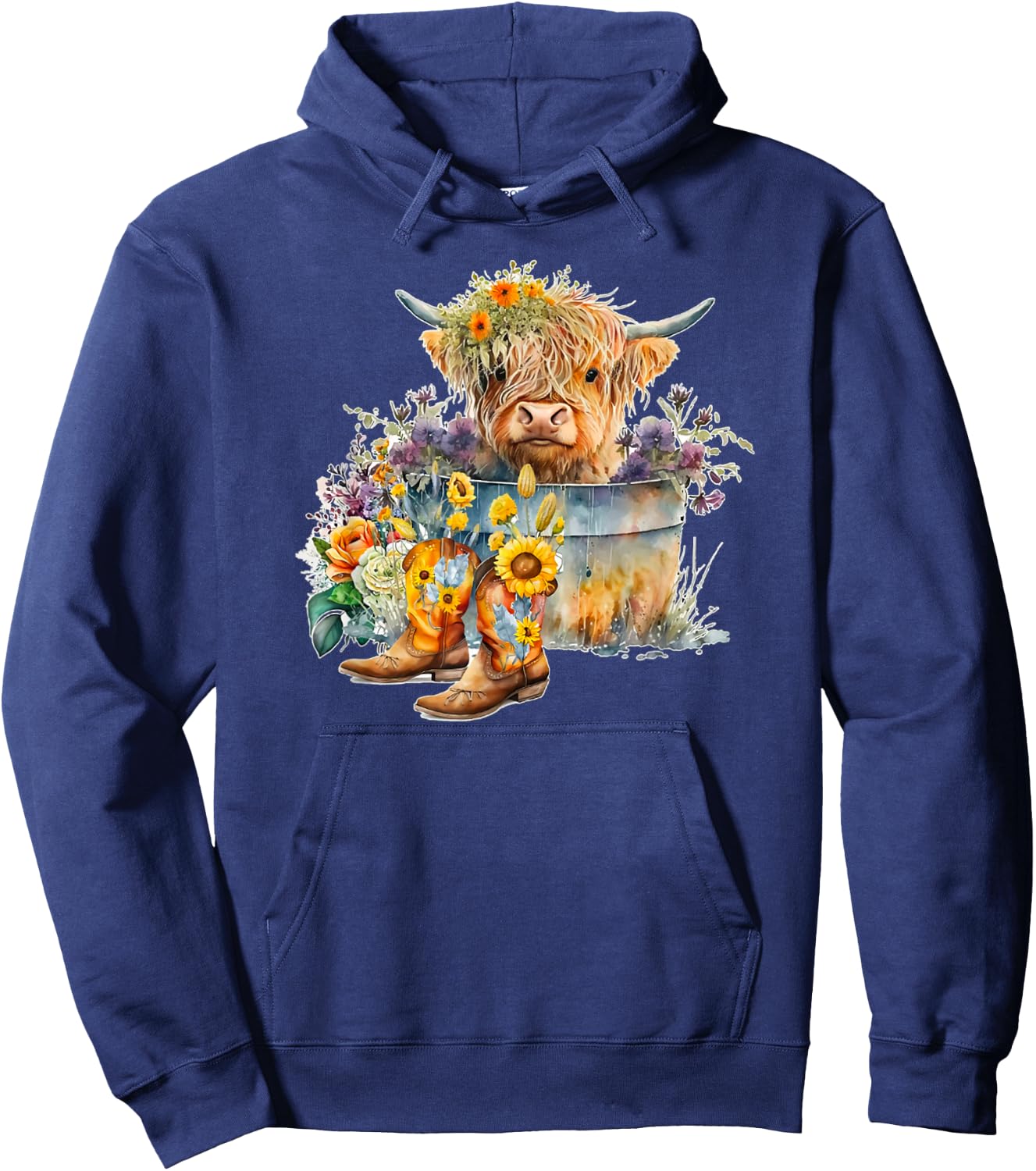 Scottish Highland Cow Cattle Farm Hairy Cowgirl Flower Woman Hoodie - Hoodie | Navy