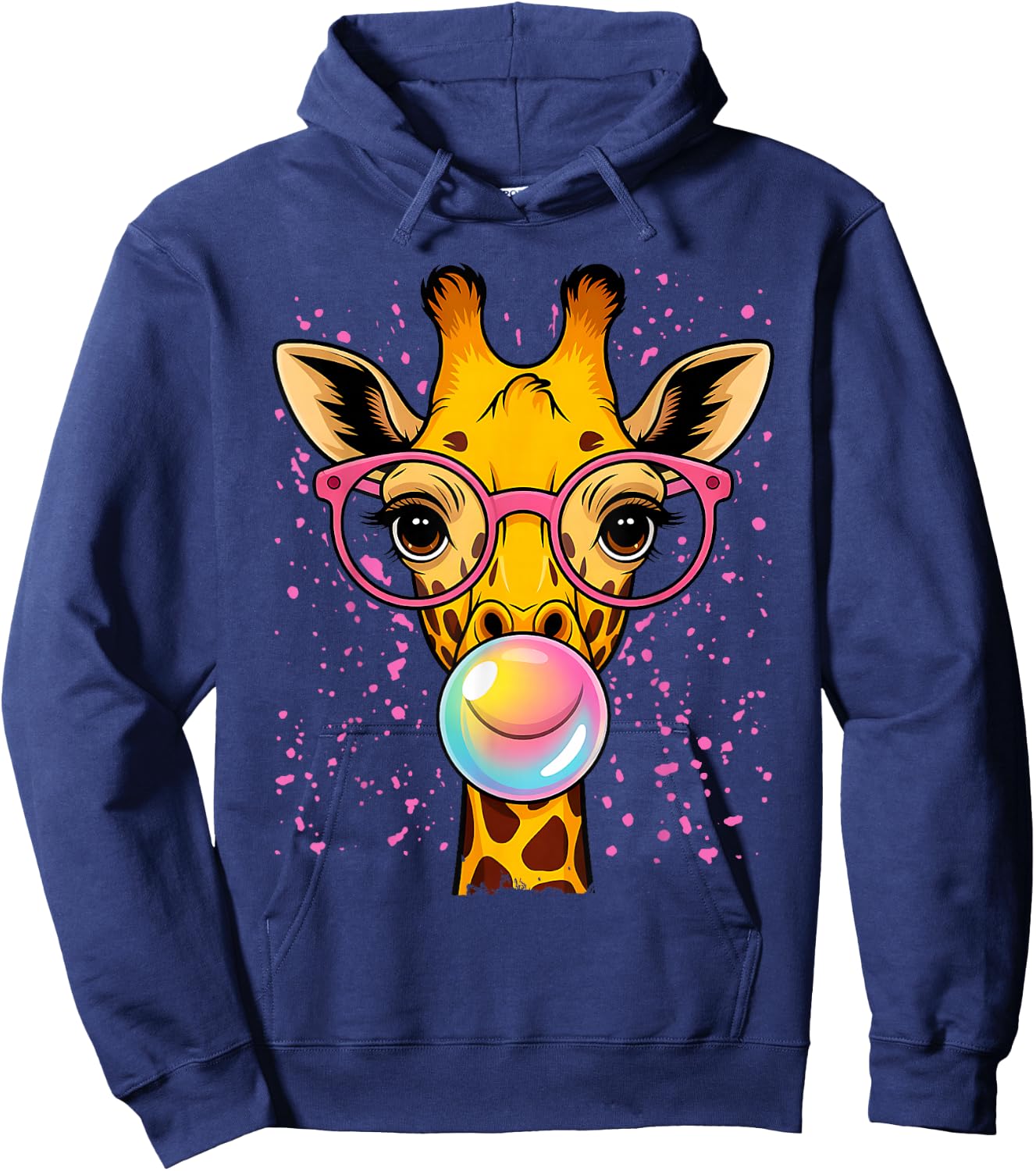 Funny Giraffe Pink Glasses Blowing Bubble Gum Animal Lovers Hoodie - Hoodie | Navy