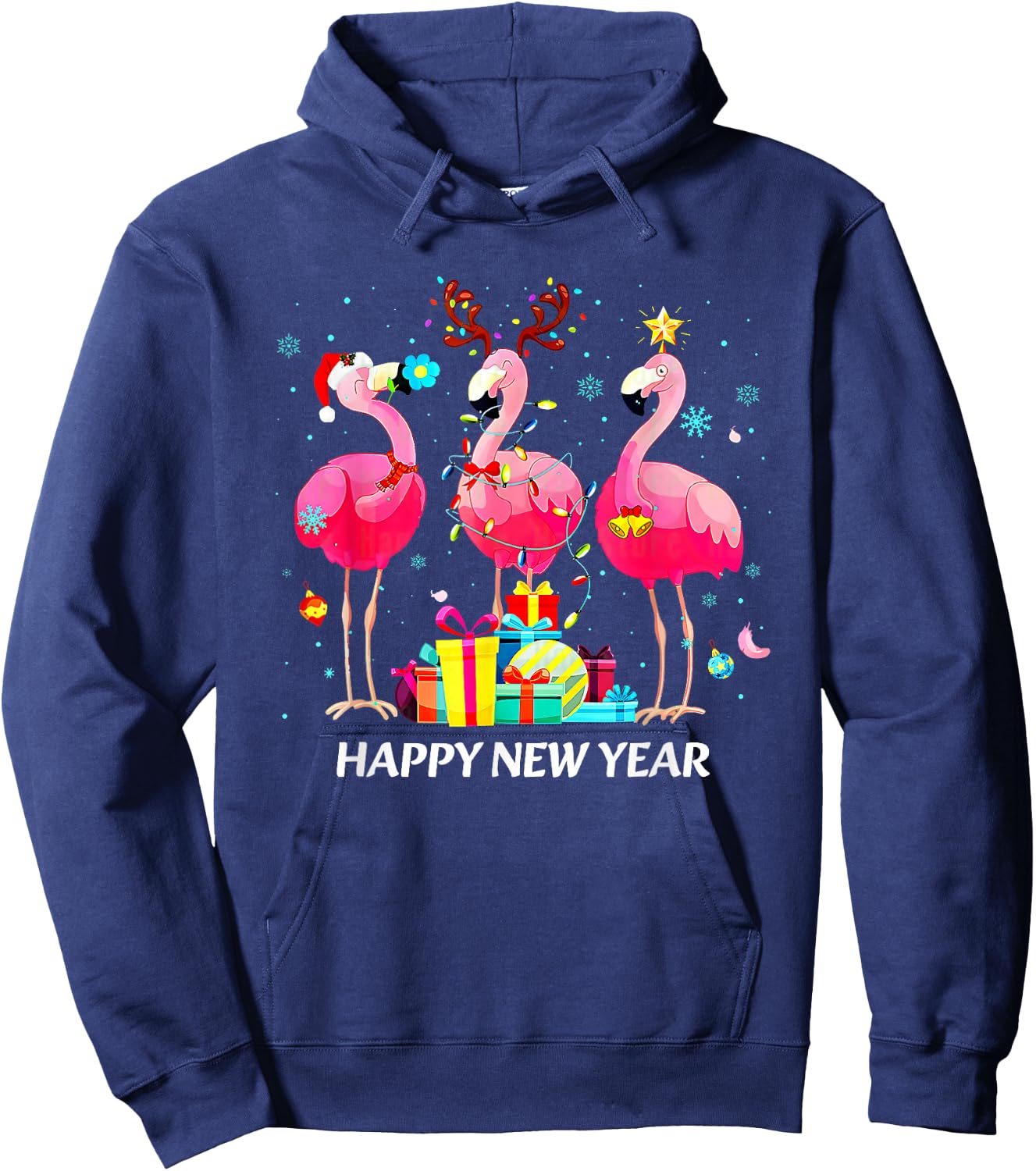Flamingo Santa Hat Happy New Year Light Hoodie - Hoodie | Navy