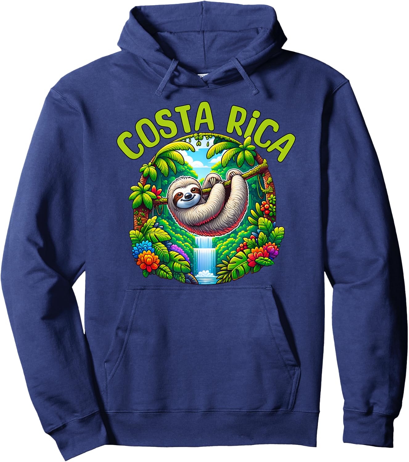 Costa Rica Sloth - Tropical Rainforest Waterfall Travel Fun Hoodie - Hoodie | Navy