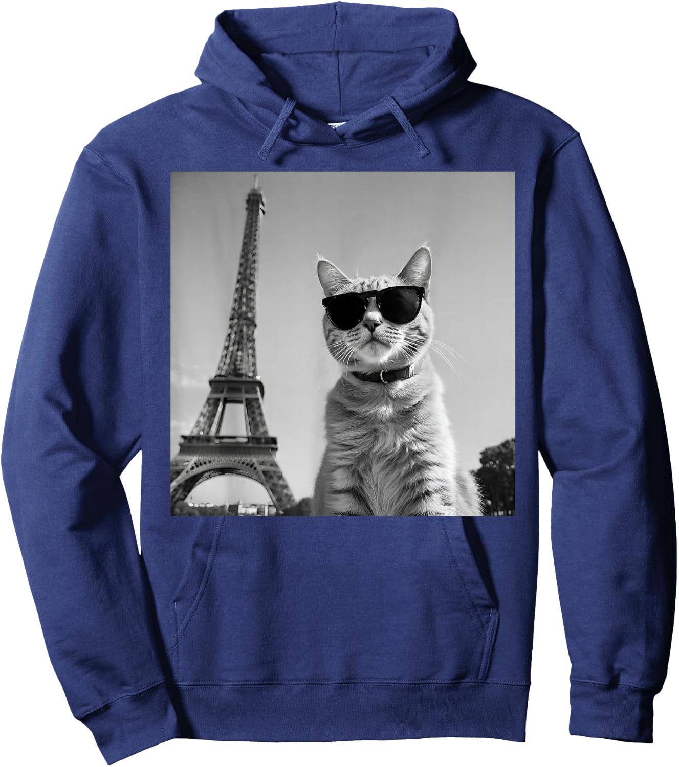Funny French Cat with Sunglasses and Paris Eiffel Tower , black Hoodie - Hoodie | Navy