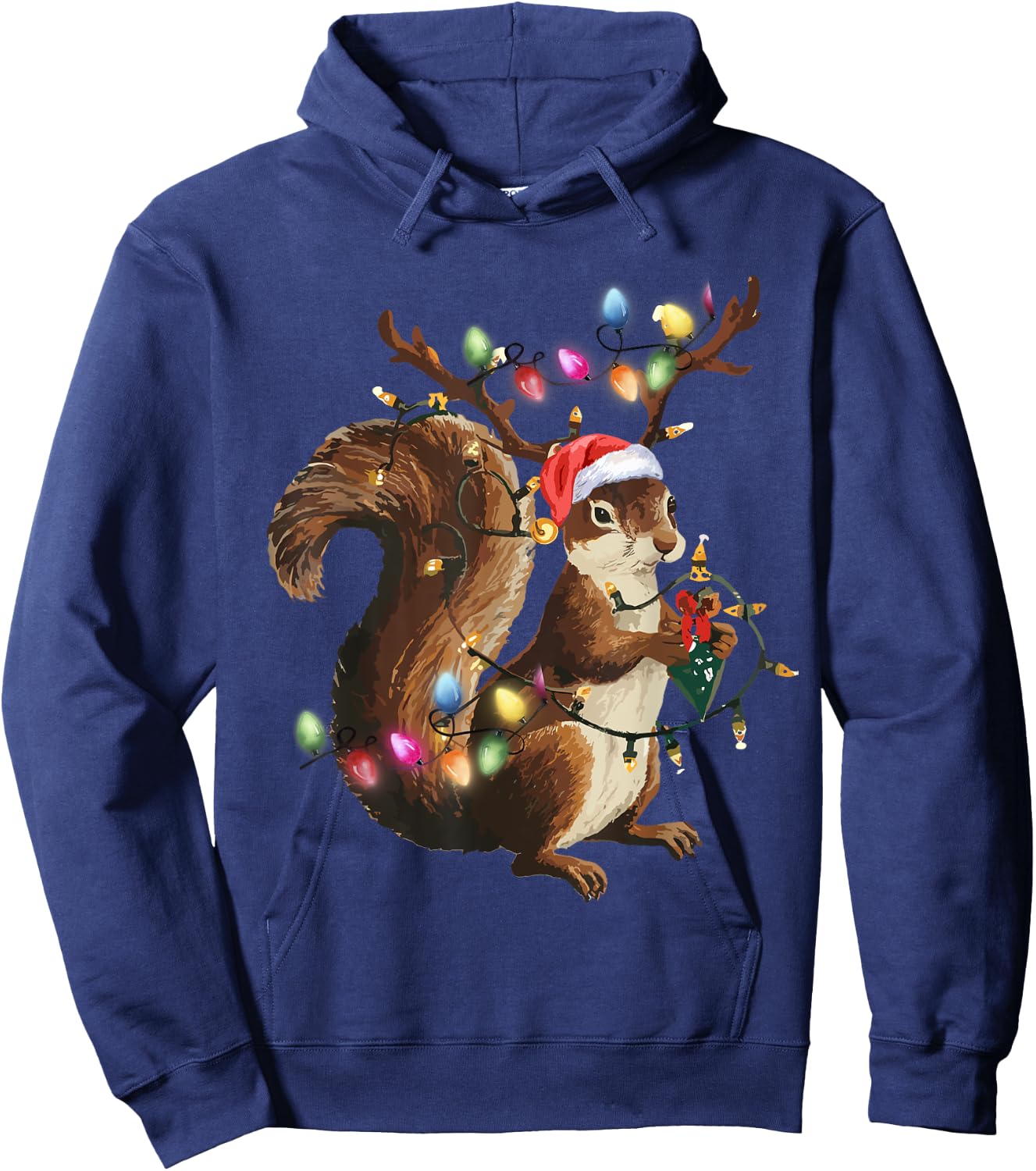Funny Squirrel Christmas Tree Lights Reindeer Santa Hat Xmas Hoodie - Hoodie | Navy