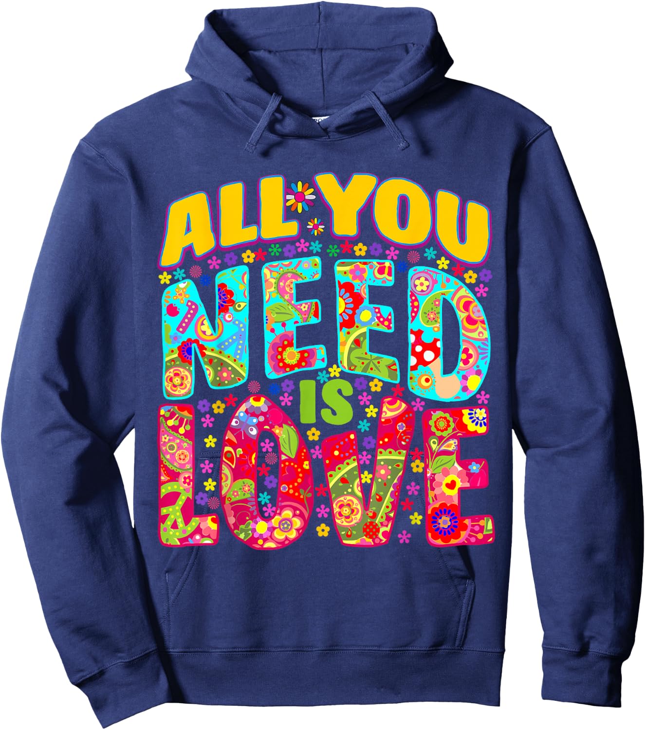 Hippie Flower Power Bohemian Peace Love Retro 60s 70s Groovy , Black, S Hoodie - Hoodie | Navy