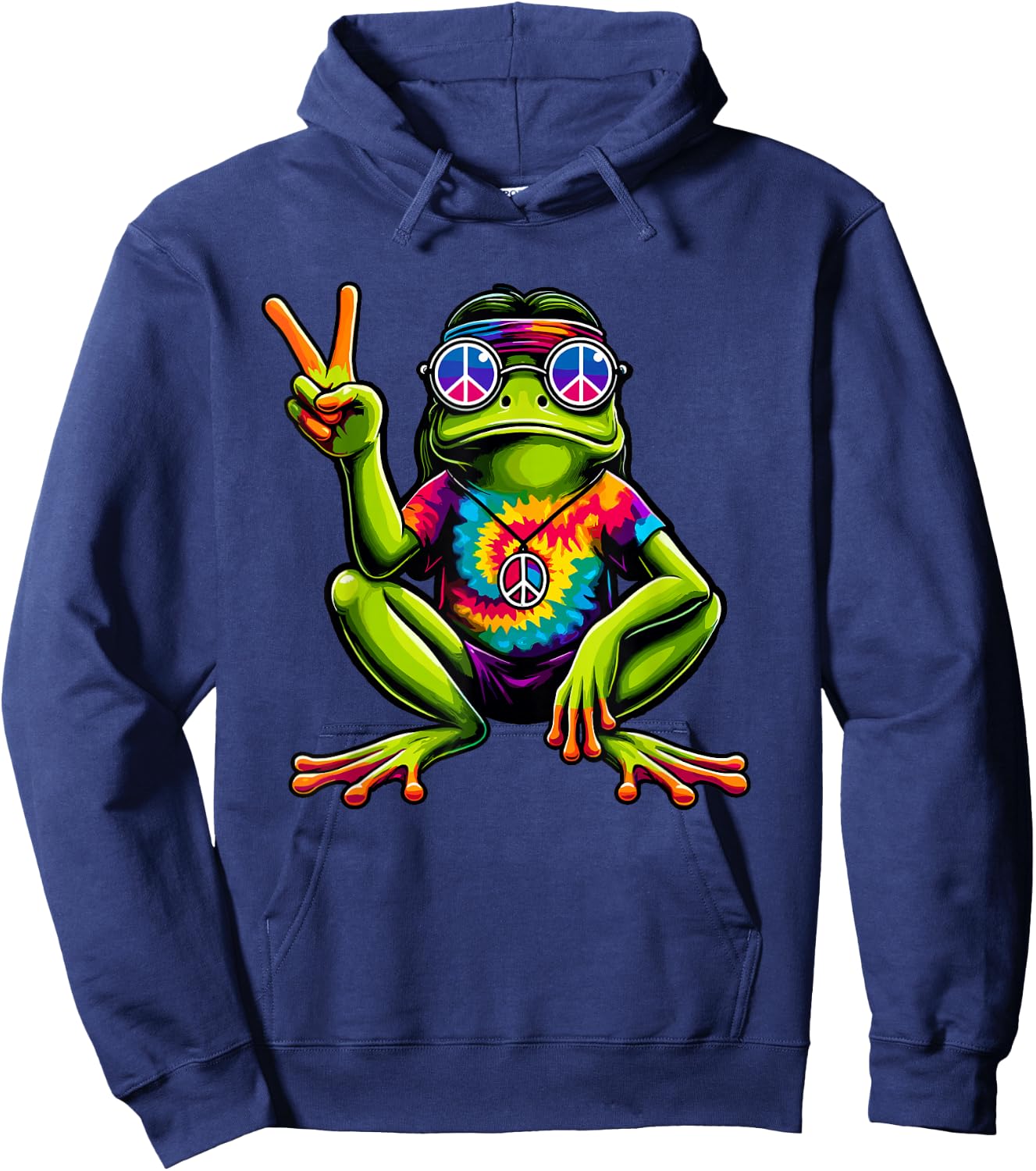 Tie-Dye Hippie Frog, Peace Sign, 60s Party & 70s Costume Hoodie - Hoodie | Navy